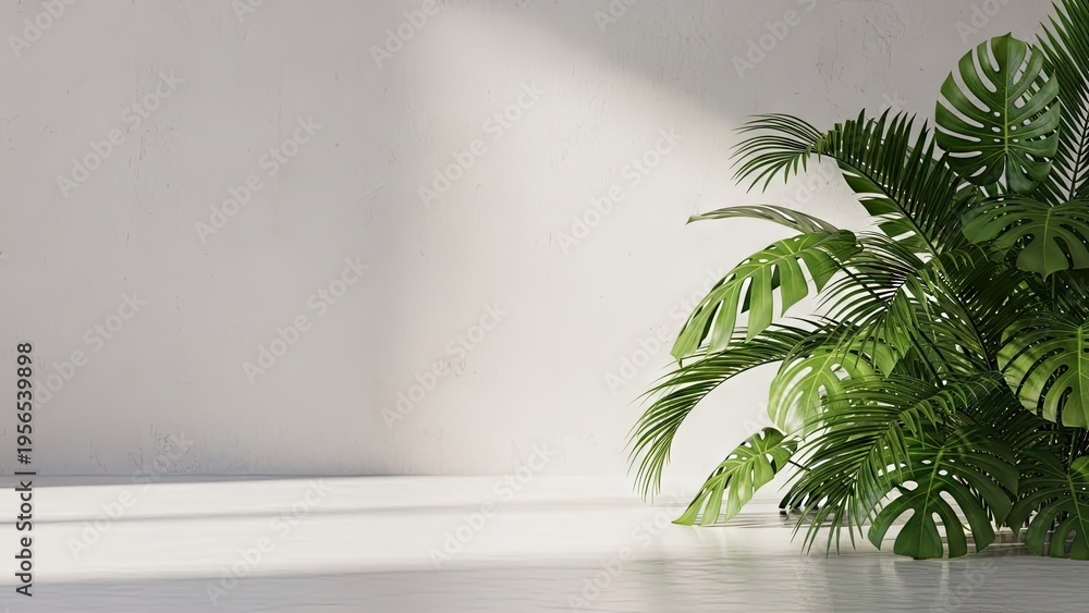 Fototapeta premium A large green plant sits in a bright and airy white room
