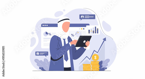 Arab businessman analyzing financial data on a tablet device.