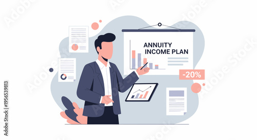 Business man presenting annuity income plan on screen.