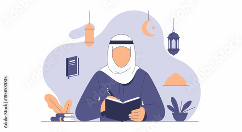 Arabian man studying in traditional attire writing in a book.