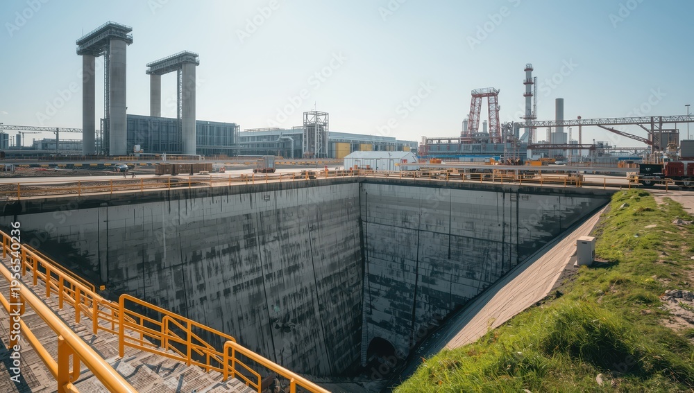 Obraz premium Perspective of a factory showing a concrete pit with yellow guardrails descending. Massive industrial buildings are seen in daylight behind.