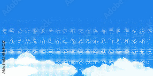Pixelated blue sky with white clouds and digital noise effect