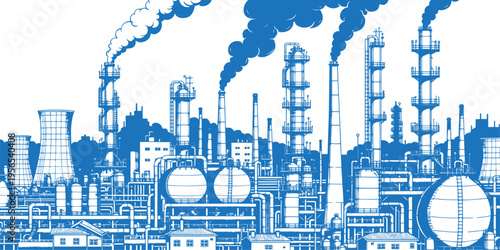 Industrial Factories Silhouette Background – Oil Refinery Complex with Pipes and Storage Tanks, Gas Production Black Line Art Vector