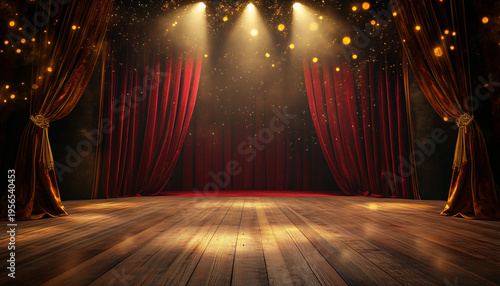 Empty theater stage with red velvet curtains and golden accents. Spotlights shine on wooden floor, creating spotlight effect. Sparkly background suggests a performance or awards event
