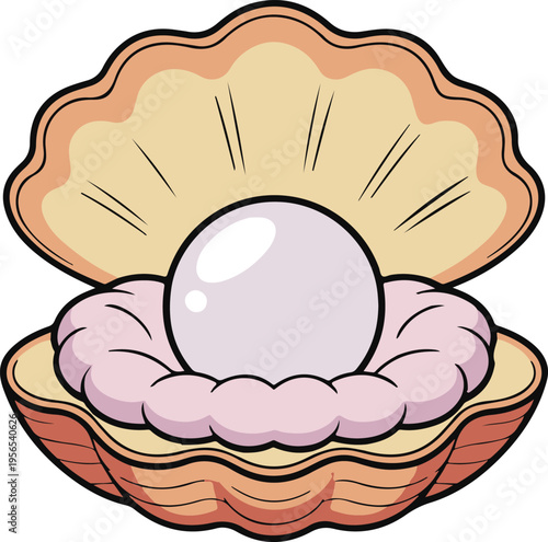 Open Oyster Shell with Lustrous White Pearl and Pink Mantle, colorful cartoon style vector illustration

