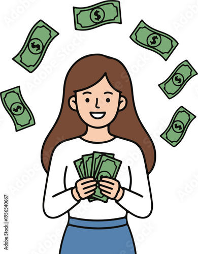 Happy Woman Holding Cash with Floating Dollar Bills Around Her, cheerful cartoon style vector illustration
