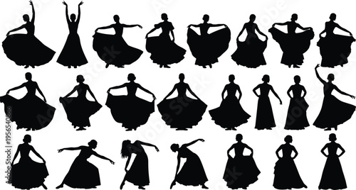 Black silhouette collection of female dancers in long dresses performing flamenco, ballroom, and classical dance poses isolated on white background.