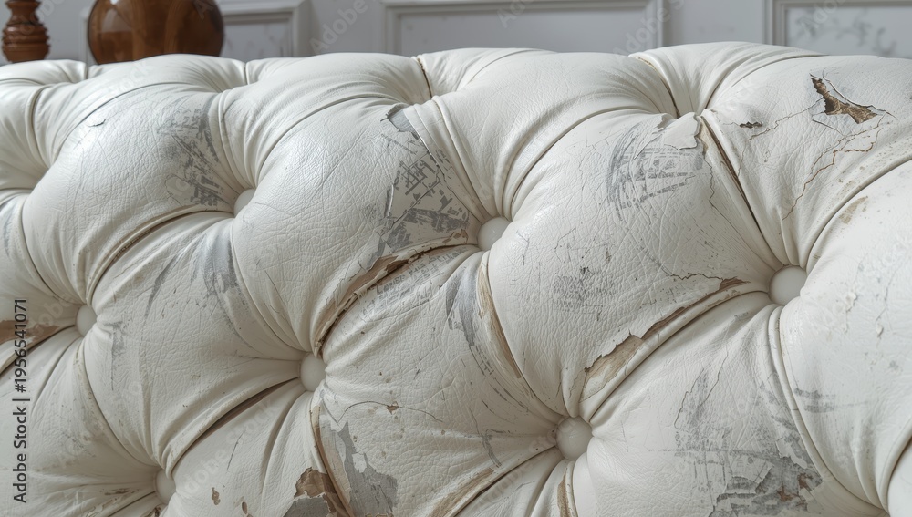 Naklejka premium Flaws on a white leather couch. Harm to leather furniture. Zoomed-in view of damaged soft tufted white leather. Poor quality leather.