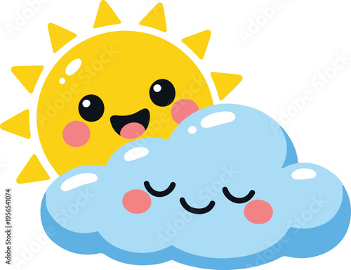 Kawaii Sun and Cloud with Cute Happy Faces, cheerful weather characters cartoon style vector illustration
