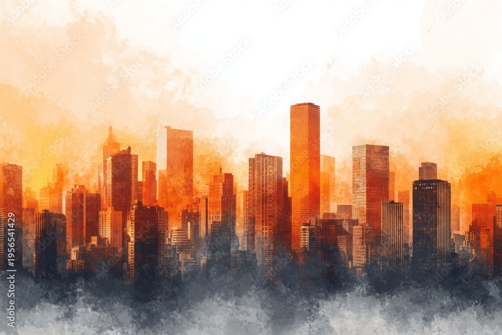 Fototapeta premium Urban Skyline at Sunset with Smog Effects