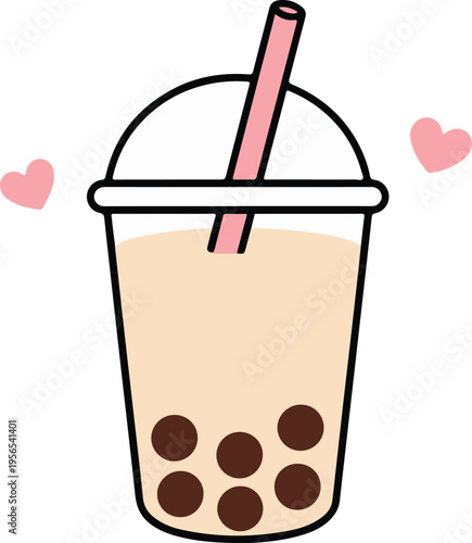 Bubble Tea with Tapioca Pearls and Pink Straw with Hearts, cute kawaii style vector illustration
