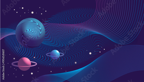 Abstract space background, outer space, cosmic illustration, banner  with planets andtextures of lines