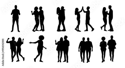 Collection of black silhouettes of people isolated on transparent background
