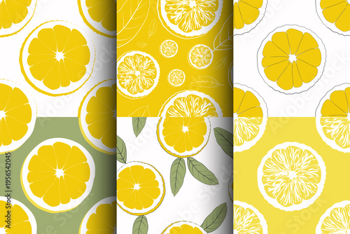 Yellow lemon Fruit slice Seamless Patterns Set: Citrus lemon tree Leaves on Vibrant Backgrounds for Summer Design, Packaging, Trendy swimwear ornament, print, wrapping paper