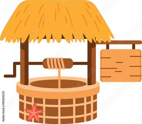 Rustic Water Well Illustration with Wooden Roof and Rope Bucket Isolated on White Background