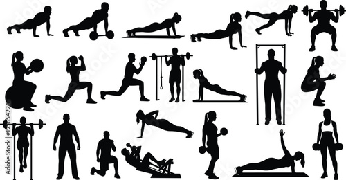 Black silhouette collection of people performing gym exercises, weightlifting, pushups, lunges, and fitness workouts isolated on white background for design.