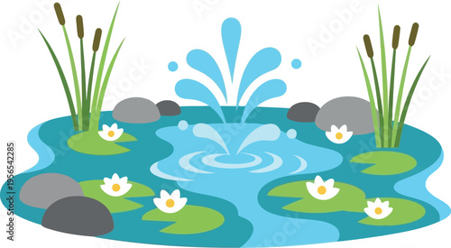 Vector illustration of a decorative garden pond with water fountain, lily pads, rocks, and cattails