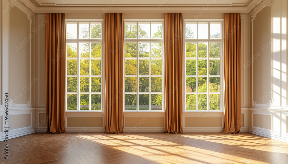 Fototapeta premium Empty room with tall brown curtains and large windows. Sunlight streams onto the polished wood floor creating bright stripes. Rich green trees visible outside the expansive glass panes