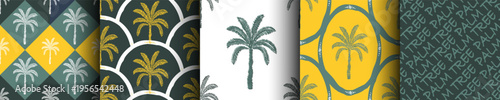 Palm tree, marine theme retro geometric seamless pattern, texture background set. Green yellow Trendy swimwear design, ornament print, wrapping paper, greeting card
