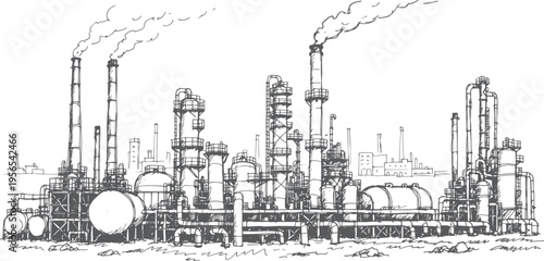 Industrial Factories Silhouette Background – Oil Refinery Complex with Pipes and Storage Tanks, Gas Production Black Line Art Vector
