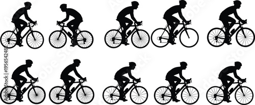 Black silhouette collection of professional cyclists riding road bikes in various racing postures isolated on white background for sports design.