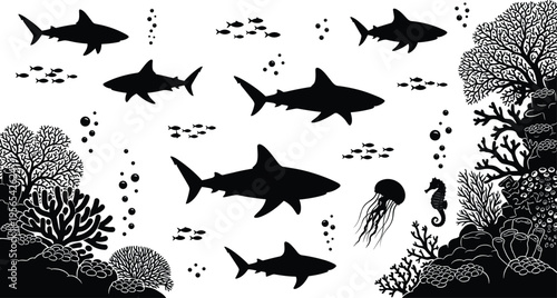 Black silhouette collection of sharks, coral reefs, jellyfish, seahorses, and schools of fish isolated on white background for underwater design.