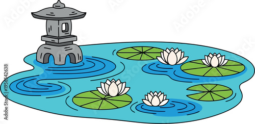 Japanese Zen Garden Pond with Lotus Flowers and Stone Lantern Vector Illustration