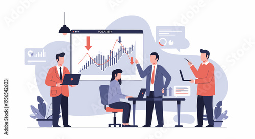 Business professionals analyzing stock market data and financial charts with laptops.