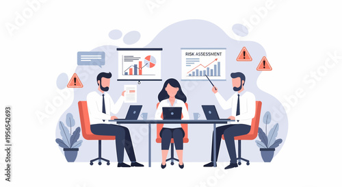 Business professionals collaborating on a risk assessment presentation in a meeting.