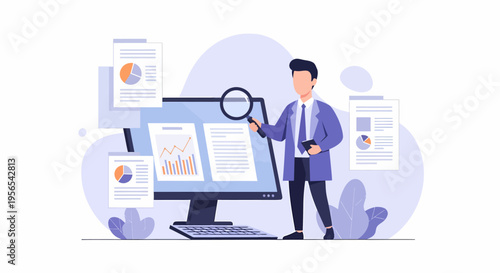 Businessman analyzing financial data on computer screen with magnifying glass.
