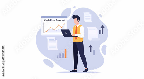Businessman analyzing financial data on laptop, managing cash flow forecast and business growth.