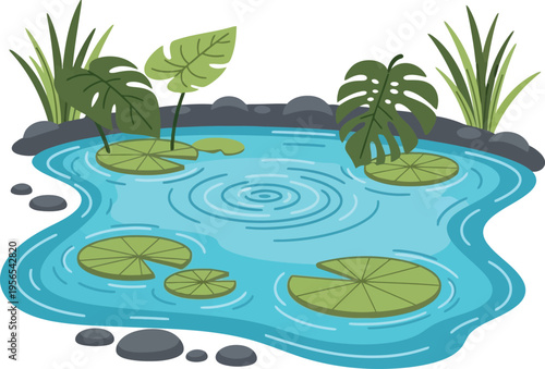 Cartoon Garden Pond with Lily Pads and Tropical Plants Isolated on White Background