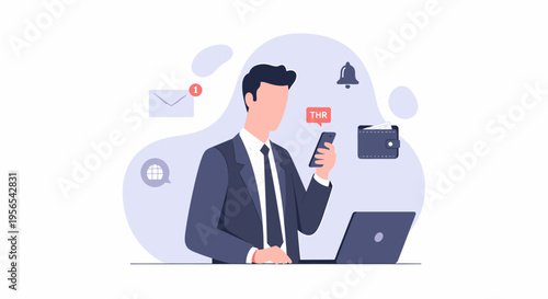 Businessman checking smartphone for notifications and messages.