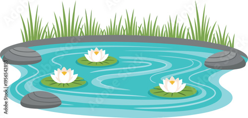 Vector illustration of tranquil pond with water lilies, rocks, and grass for nature and relaxation themes