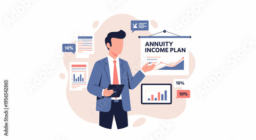 Businessman presenting annuity income plan on a whiteboard with charts and graphs.