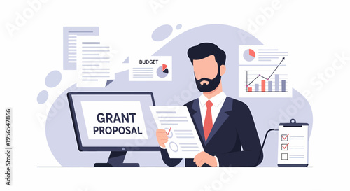 Businessman holding grant proposal document with computer and charts.