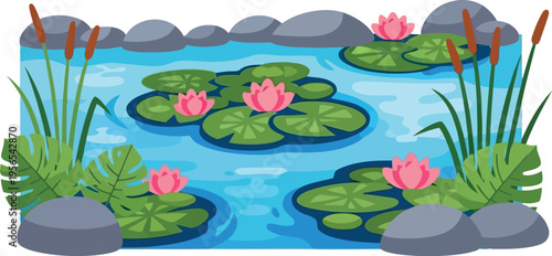 Vector illustration of tranquil pond with blooming pink water lilies, lily pads, rocks, and green aquatic plants