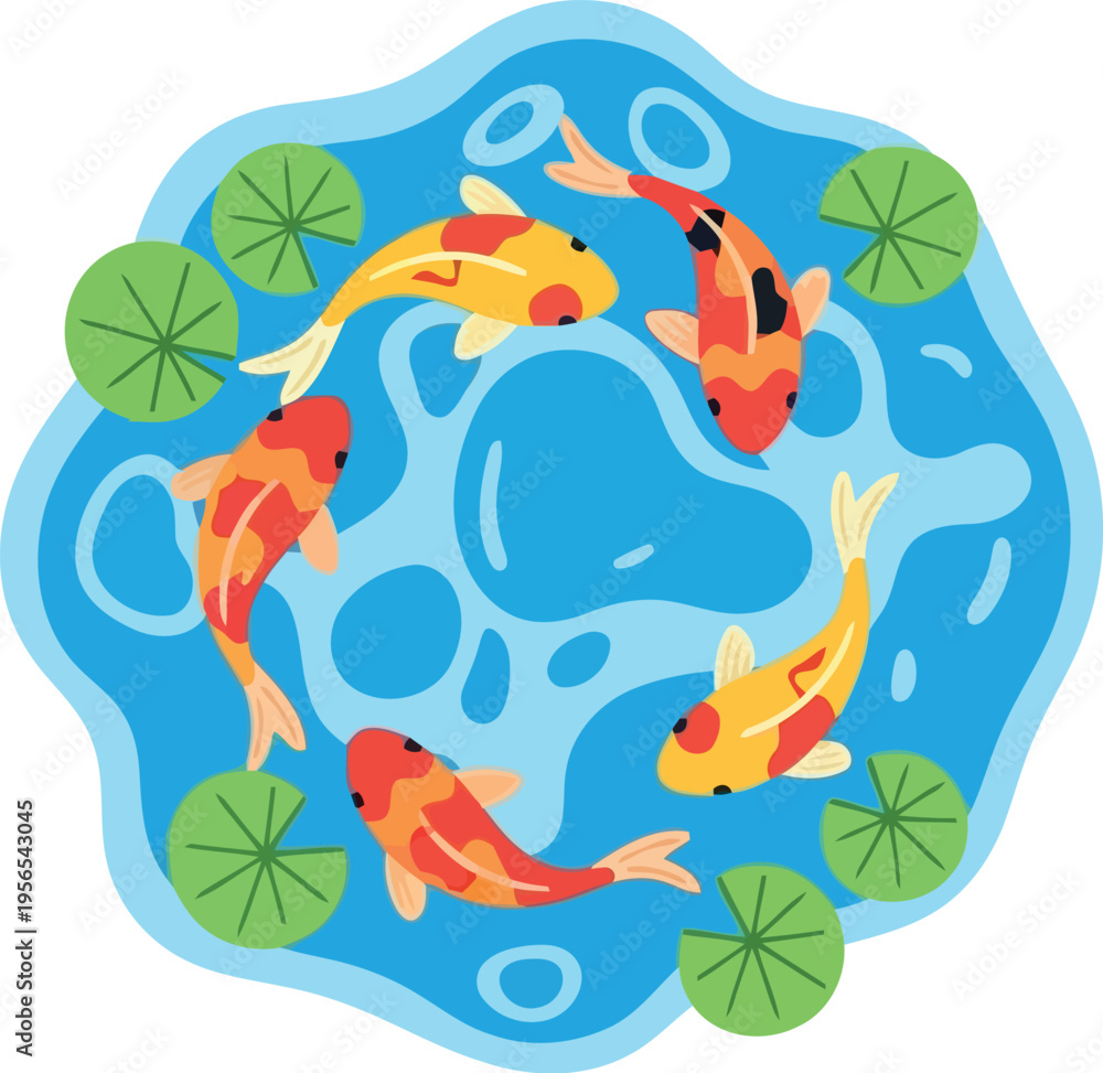 Obraz premium Colorful koi fish swimming in a decorative pond with lily pads, flat vector illustration