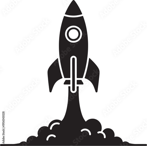 A minimalist black and white icon illustration showing a rocket ship launching into outer space Vector, illustration