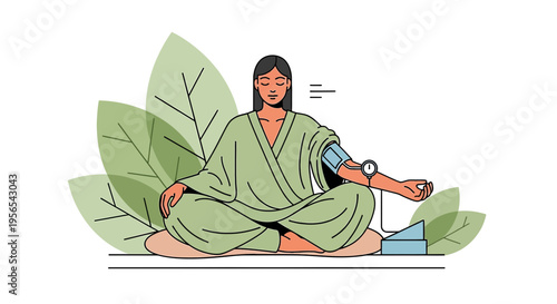 Woman meditating with blood pressure monitor, health and wellness concept