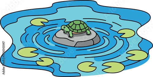 Cartoon turtle resting on rock in pond with lily pads and rippling water, colorful vector illustration