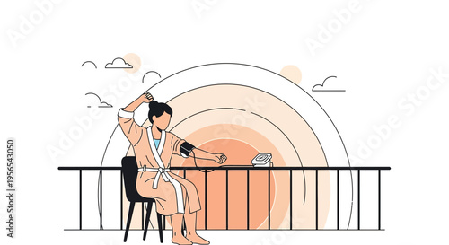 Woman measuring blood pressure on balcony at sunrise, health check, lifestyle