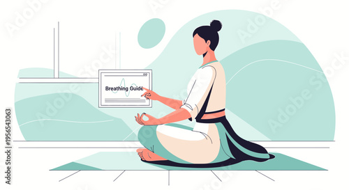 Woman Meditating with Breathing Guide on Screen, Practicing Mindfulness and Yoga