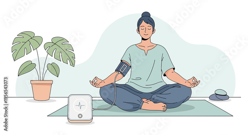 Woman Meditating with Blood Pressure Monitor, Healthy Lifestyle, Wellness