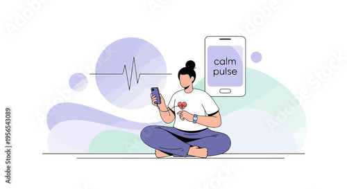 Woman Meditating with Calm Pulse App on Phone, Stress Relief, Mindfulness