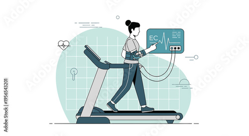 Woman on Treadmill Undergoing Cardiac Stress Test with ECG Monitor