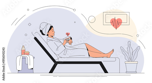 Woman relaxing in spa, enjoying self-care, holding flower, heart symbol above