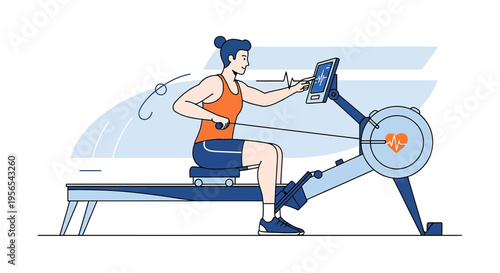 Woman rowing on machine, heart rate monitor, fitness, healthy lifestyle, digital screen