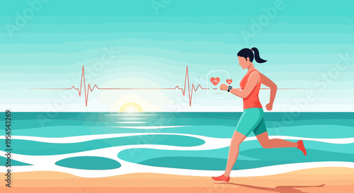 Woman running on beach at sunrise with heart rate monitor and ocean waves.