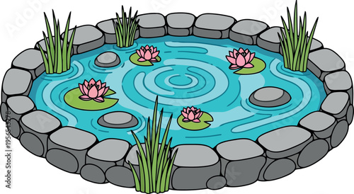 Cartoon Garden Pond with Water Lilies, Stones, and Reeds Isolated on White Background